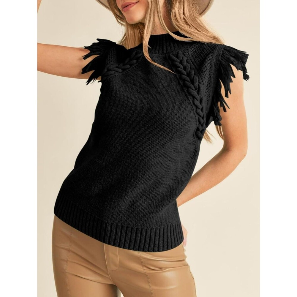 Saodimallsu Women's Sweater Vest LARGE Black Mock Neck Fringe Cap Sleeve Boho - Picture 2 of 5